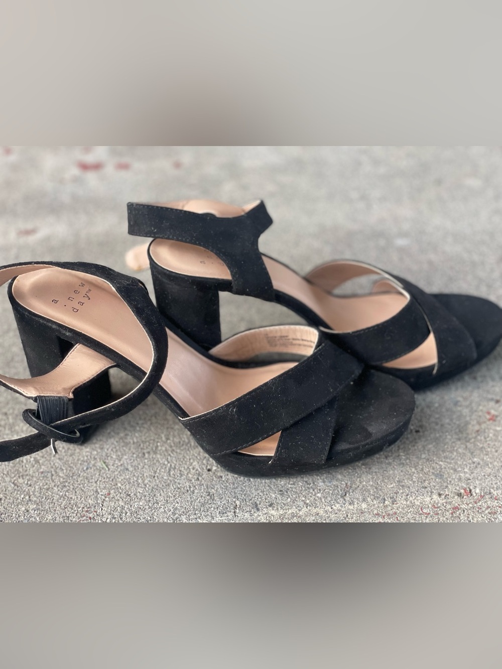 a new day Black Suede Block Heel Sandals with Ankle Strap